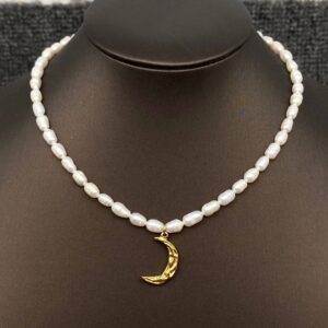 Ruffled Texture Moon Freshwater Pearl Beaded Necklace-FGS/MS