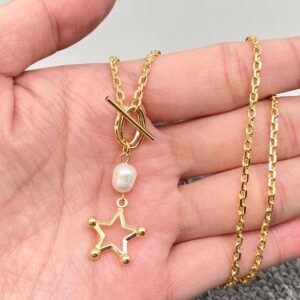 Hollow Five-pointed Star Pearl Charm14K Gold-plated Necklace