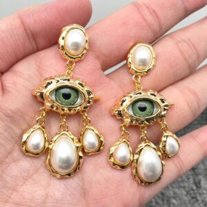Temperament Evil Eye & Pearl Charm Dangle Earrings