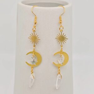 Golden Moon Silver Stars White Crystal Pendant Earrings