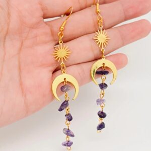 Purple Asymmetric Crystal Tassel Pendant Earrings.