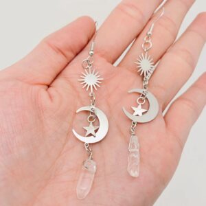 Silver Moon Stars White Crystal Pendant Earrings