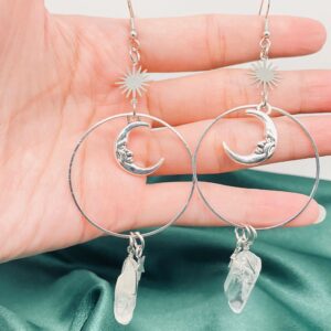 Silver Star Moon White hoop Crystal Pendant Earrings