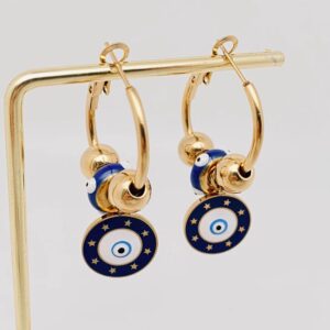 Stainless Steel Enamel Evil Eye round Pendant Hoop Earrings