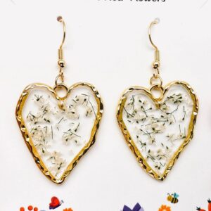 Queen Anne's Lace Dried Flower Heart-Shaped Earrings.
