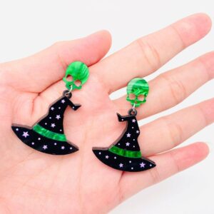 Green Skull Witch Hat Post Earrings