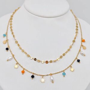 Star Pearl Charm Double Chain Stainless Steel Necklace - FGS