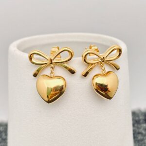 18K Gold Plated Heart Shape Charm Bow Post Earrings - FGS