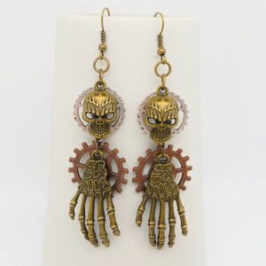 Steampunk Style Gear Skeleton Head and Hand Charm Earrings