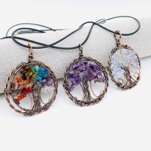 Natural Stone Wire-Wrapped Tree of Life Pendant Necklace -CS
