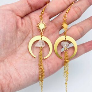 Bohemian Crescent Natural Stone Chain Tassel Earrings - MS