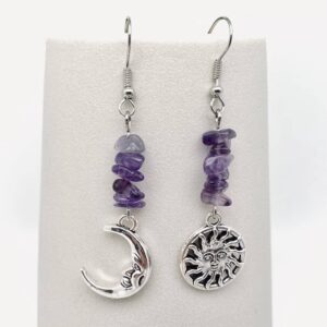 Sun Moon Natural Gravel Asymmetric Pendant Earrings - MS/CS