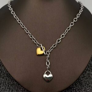 18K Golden SS Two Tone Heart Charm Y-neck Chain Necklace-FGS