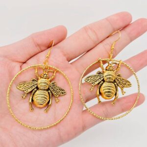 Golden Big Bee and Ring Pendant Earrings